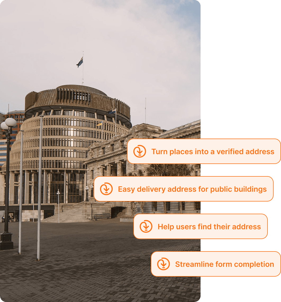 image of Beehive New Zealand with benefits of point of interest address search overlaid