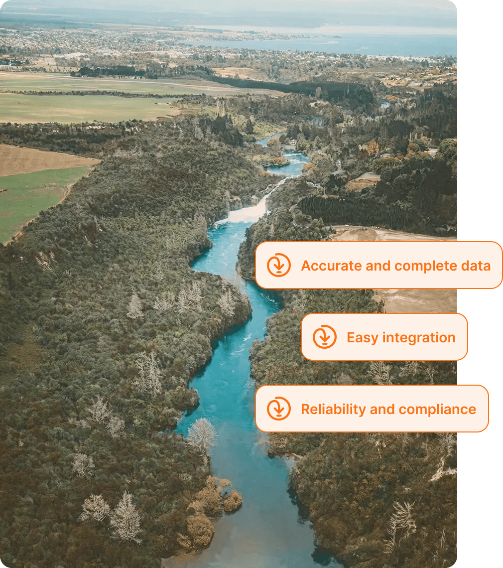 New Zealand landscape with Addressfinder text overlay; accurate and complete data, easy integration and reliability
