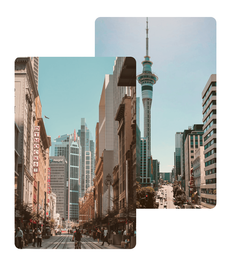 overlaid images of Australia and New Zealand city scapes