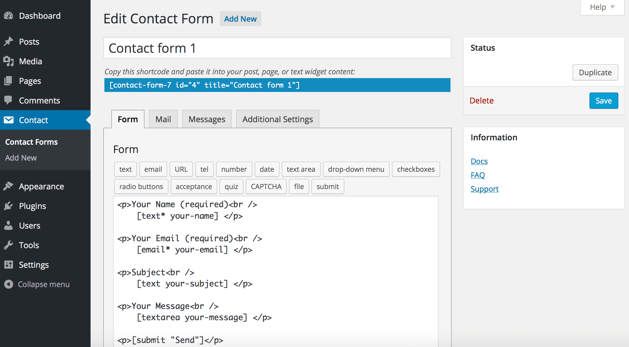 screenshot of contact form 7