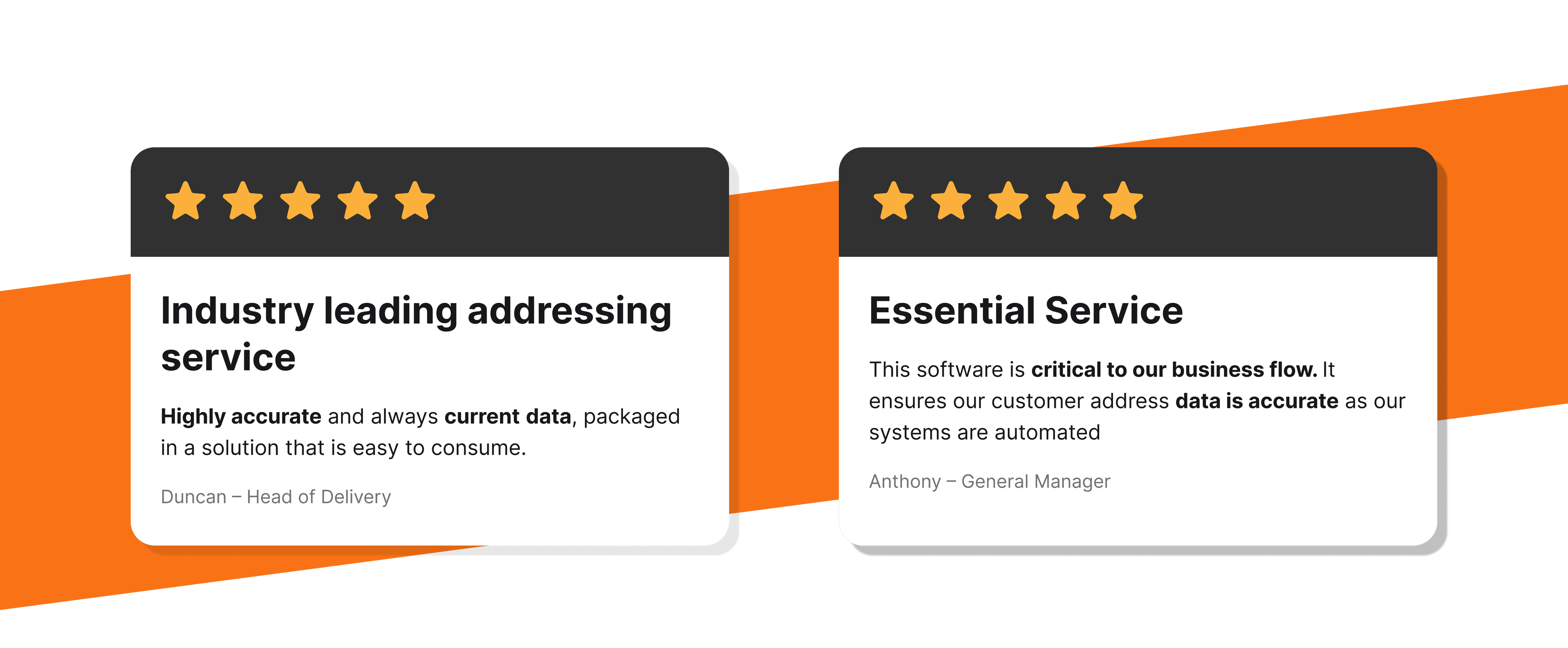 Addressfinder testimonials - “Industry leading addressing service, Highly accurate and always current data, packaged in a solution that is easy to consume.” - Duncan | Head of Delivery. 