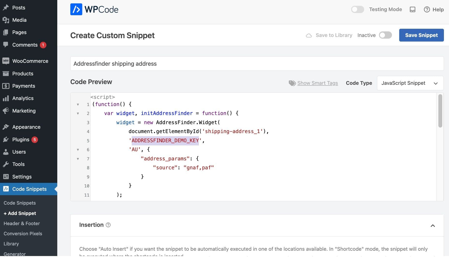 screenshot of woocommerce integration code