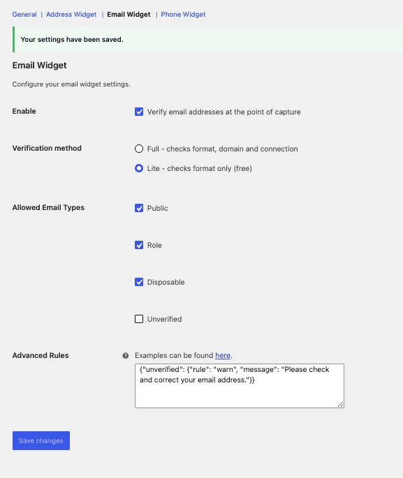 Addressfinder WooCommerce email widget settings screenshot