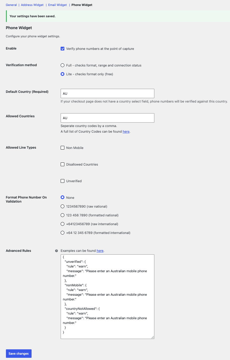 Addressfinder WooCommerce phone widget settings screenshot