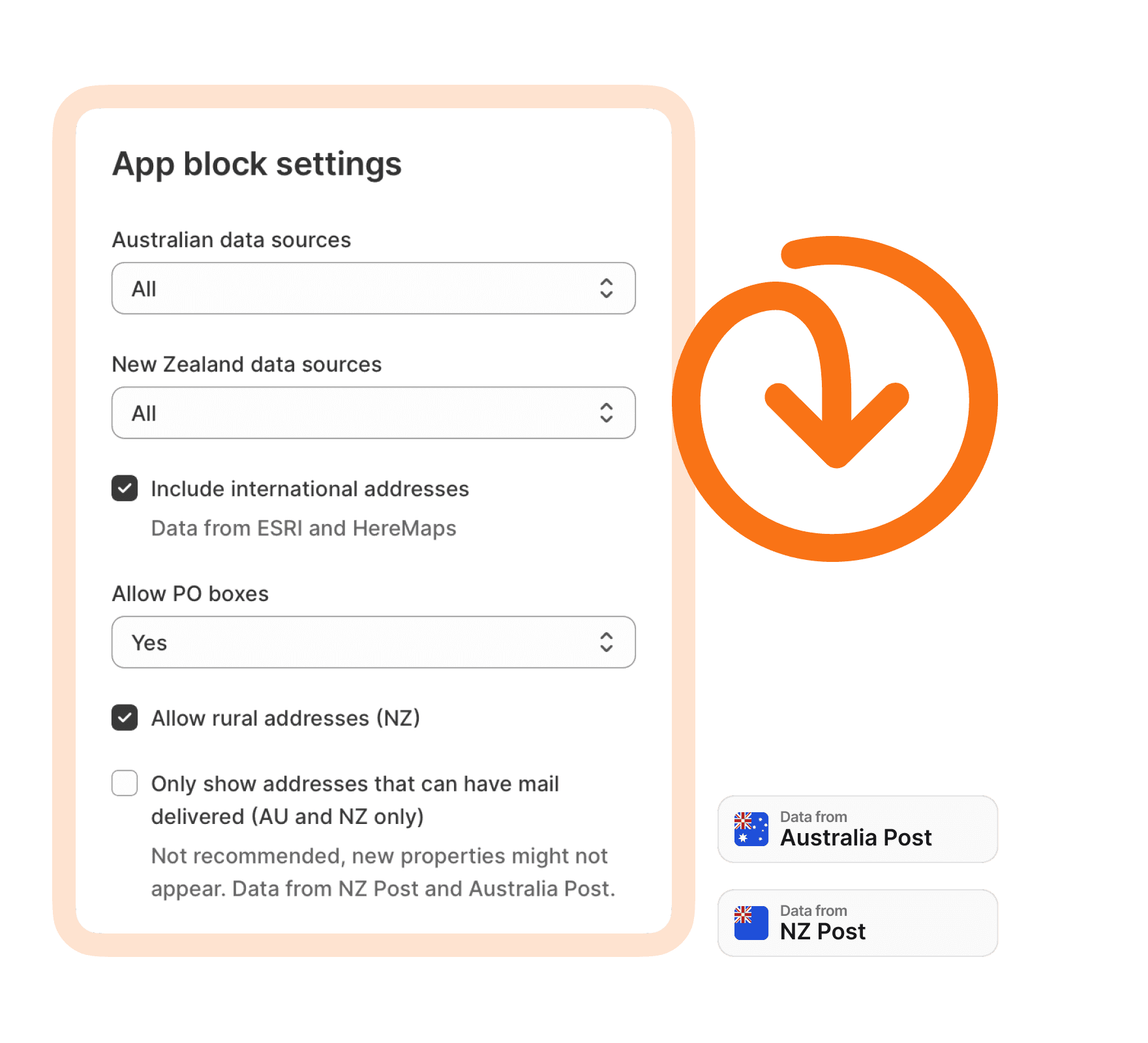 example of addressfinder service showing configuration options of data sources and other filters