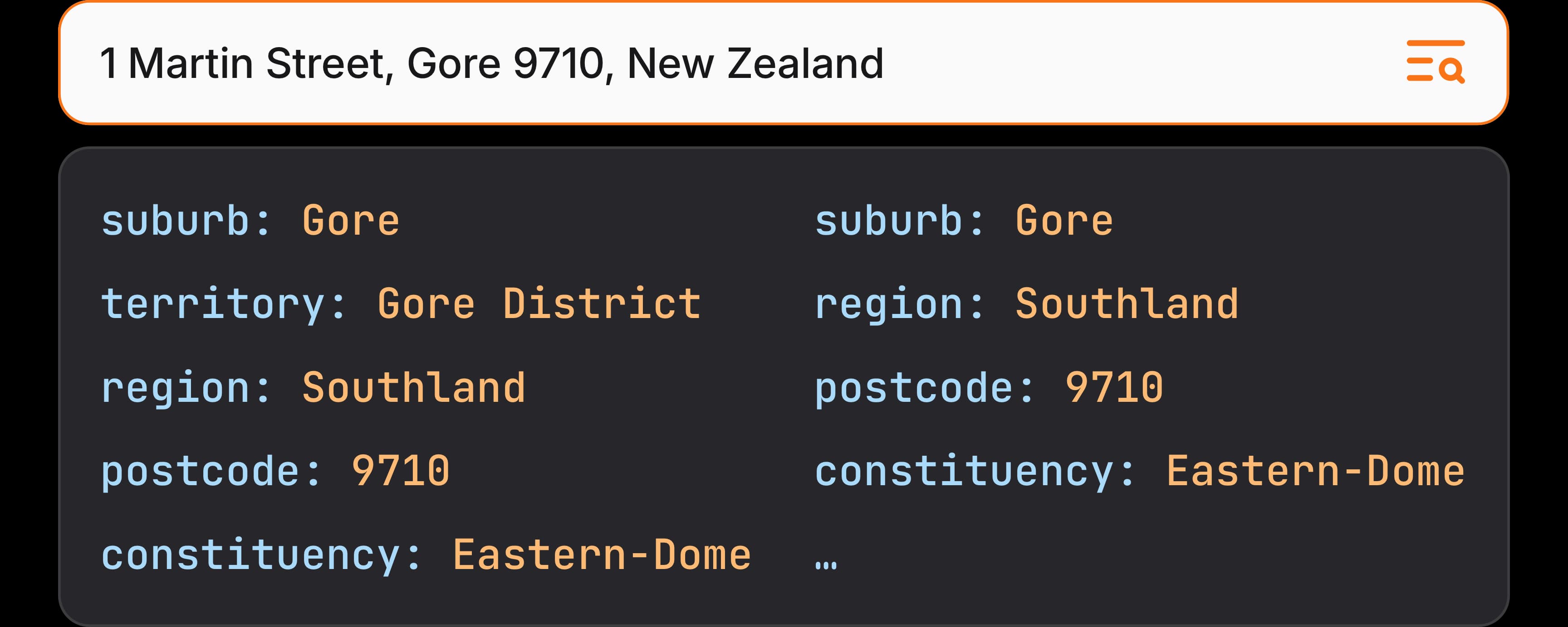 street address with populated metadata underneath including suburb and territory