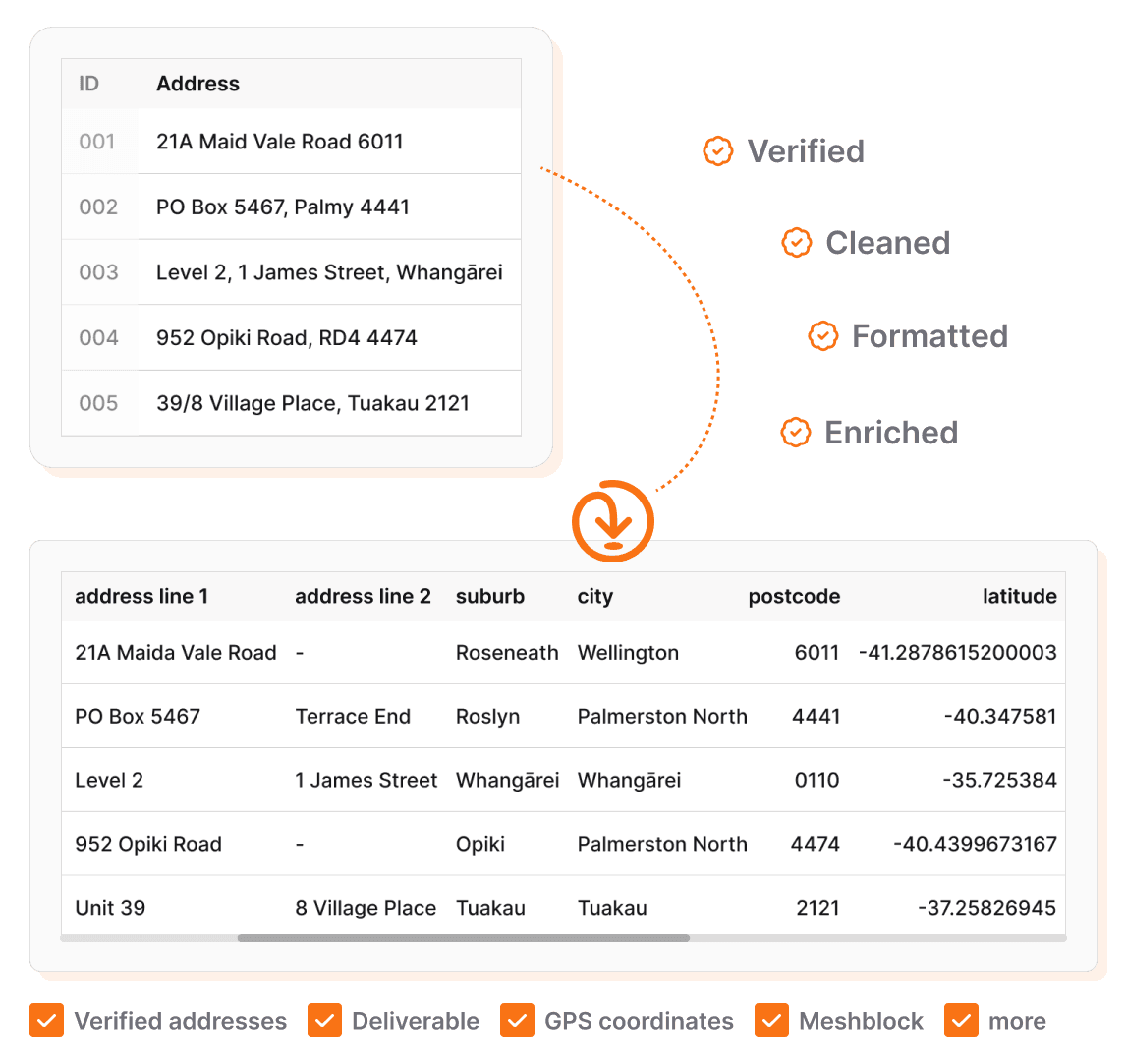 New Zealand bulk address verification example showing input and output of verified addresses