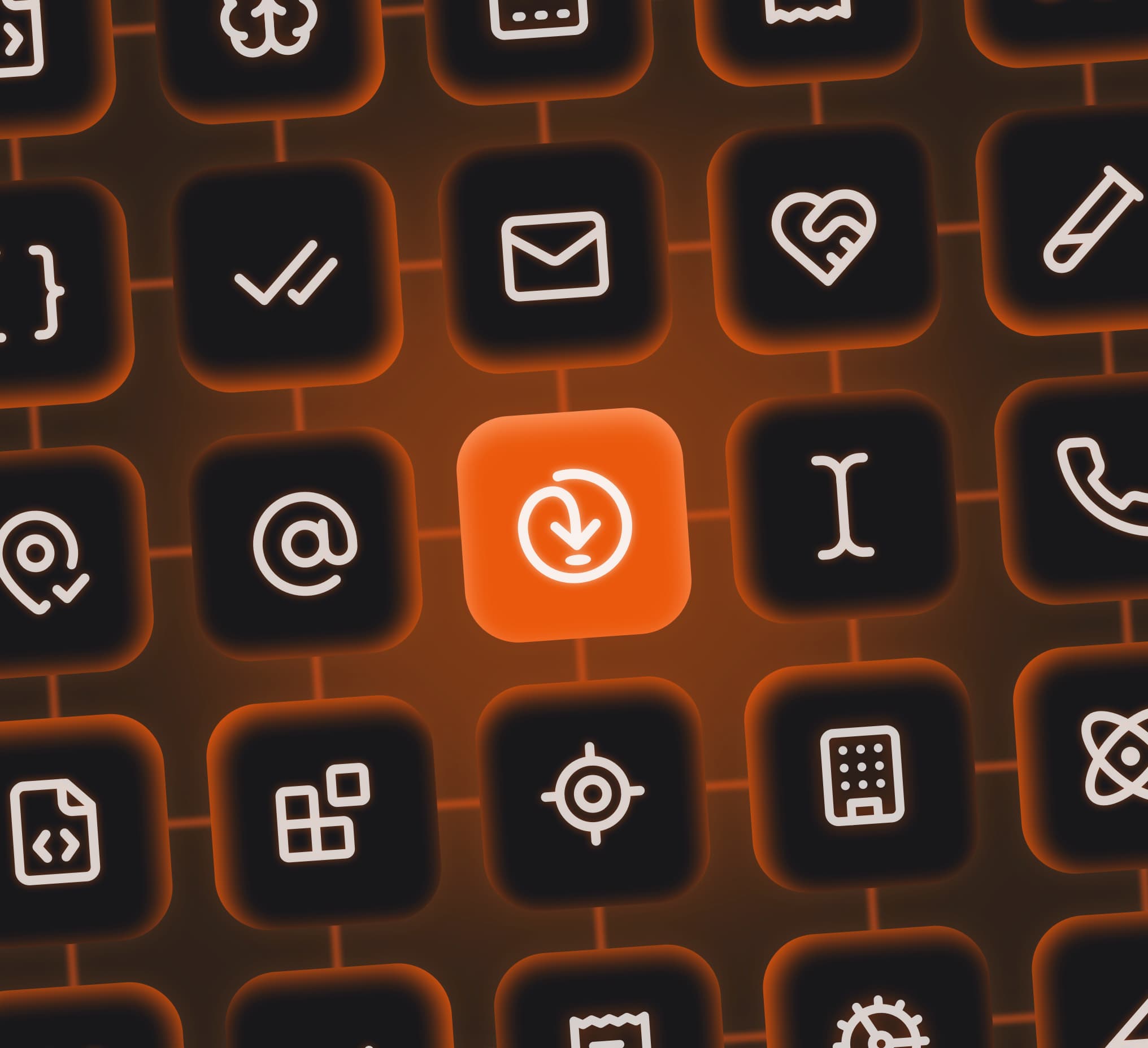 various black and white icons with orange Addressfinder logo in centre