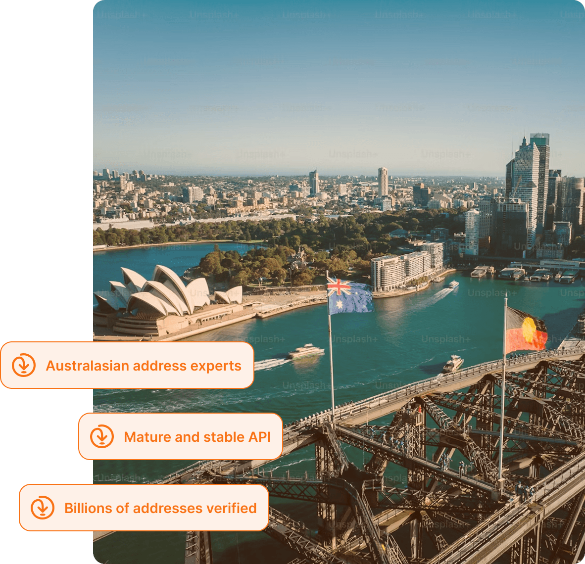 Australia skyline with Addressfinder text overlay, address experts, mature and stable api and billions of addresses verified