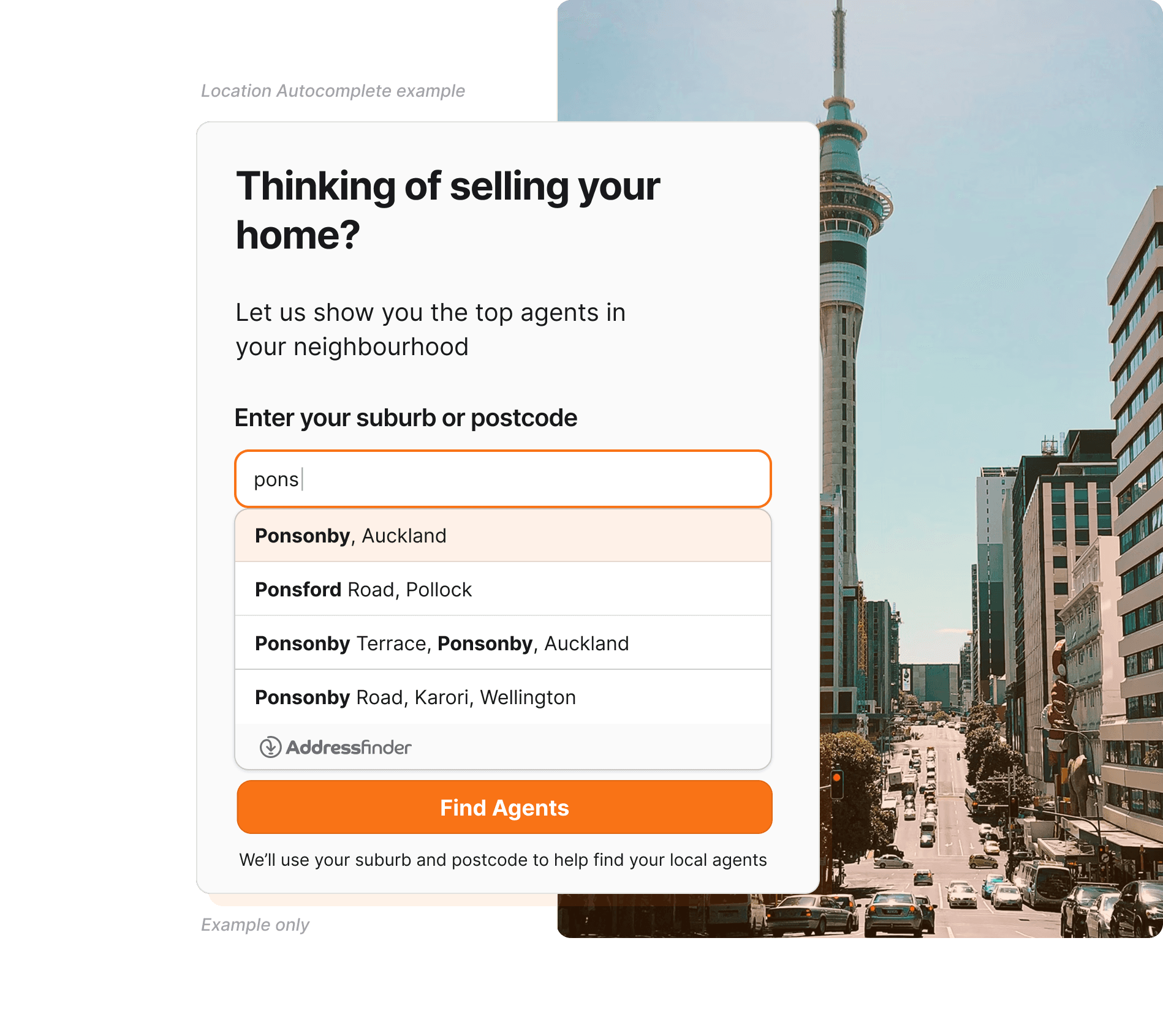 example of location autocomplete widget in action, with demo of realestate lookup
