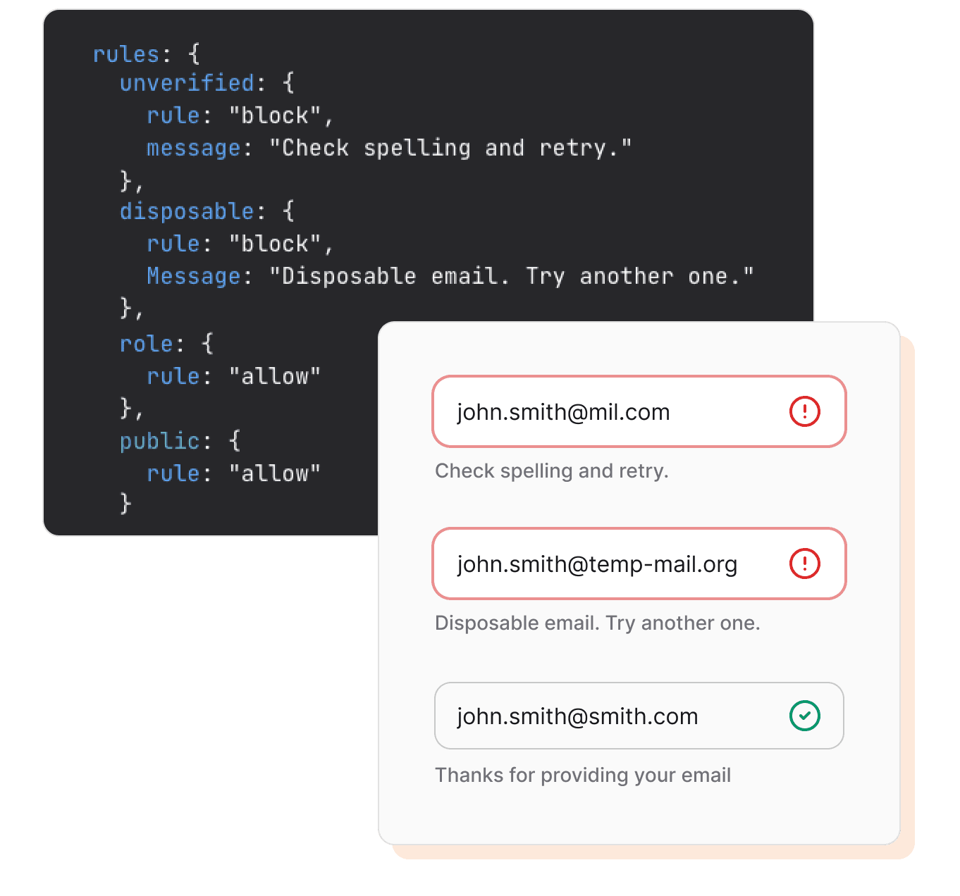 email verification example showing configurable filter settings for real time validation