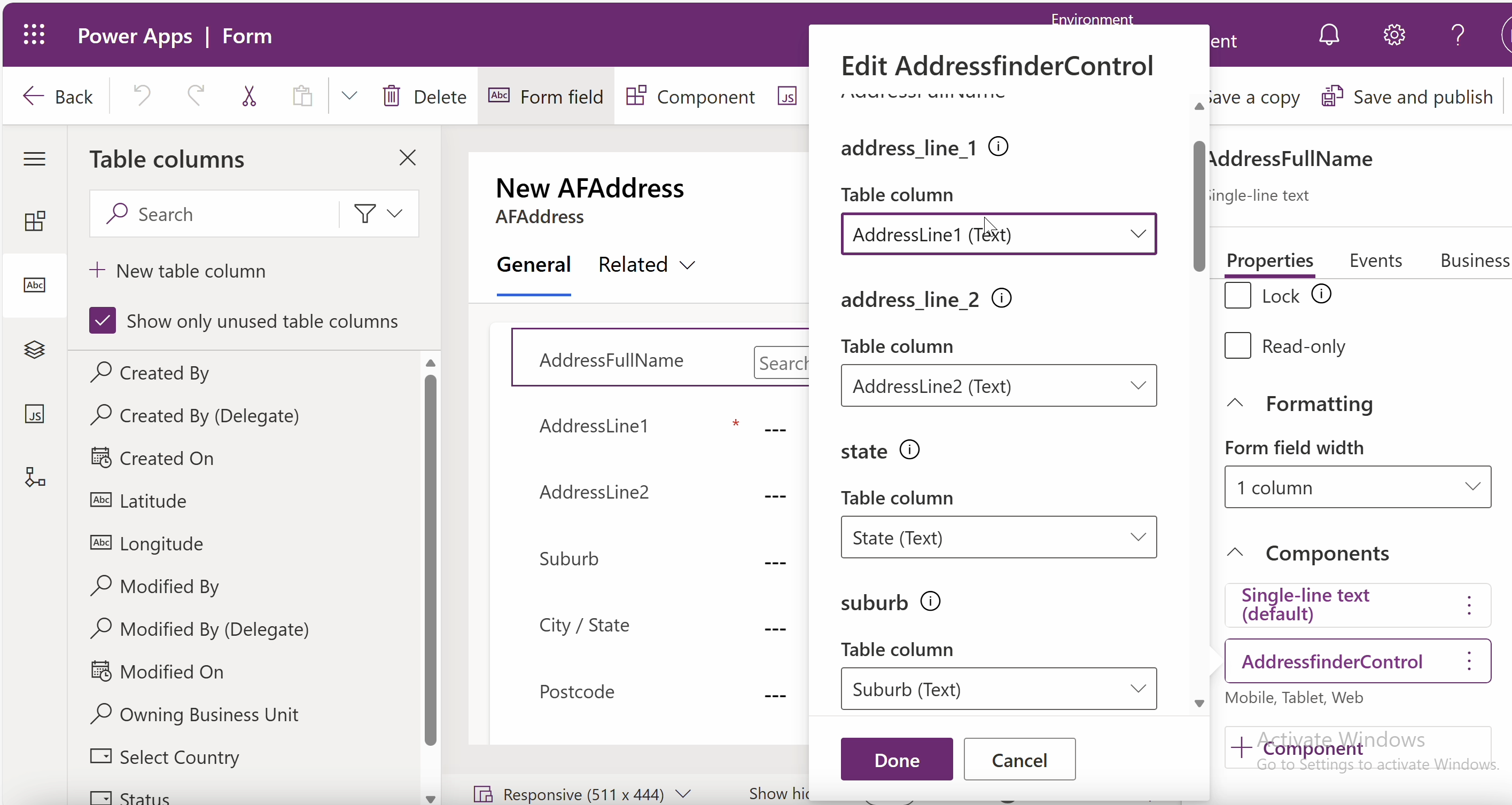 Map control fields to table for Addressfinder Microsoft dynamics 365 integration