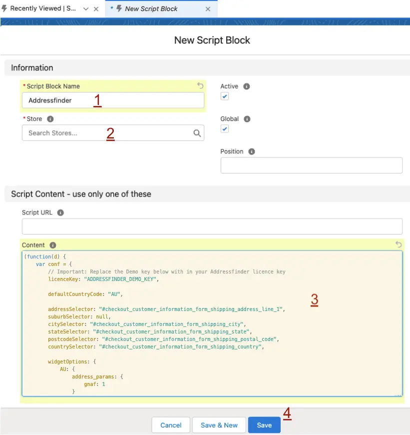 StoreConnect how to populate a new script block
