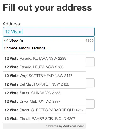 Screenshot of Google Chrome’s Autofill covering the Addressfinder Suggestions