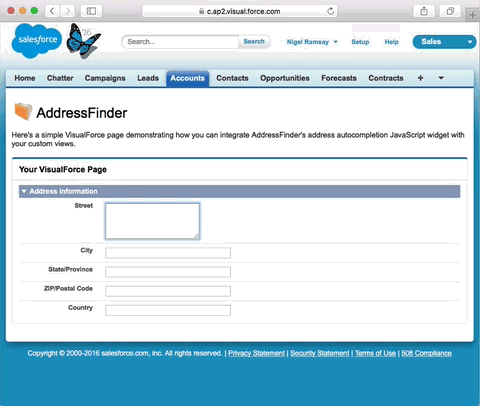 Shows a user entering an address and the autocomplete functionality showing matched addresses